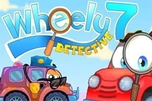 Két rajzolt autó, az egyik rendőrautó napszemüvegben, a másik piros autó nagyítót tartva figyeli a környezetét, háttérben Wheely 7 Detective felirat