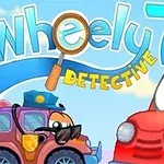 Két rajzolt autó, az egyik rendőrautó napszemüvegben, a másik piros autó nagyítót tartva figyeli a környezetét, háttérben Wheely 7 Detective felirat