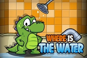 Rajzfilmszerű zöld krokodil áll egy fürdőszobában, zuhany alatt, csempézett fal előtt, mellette vízcsap és Where is the Water felirat