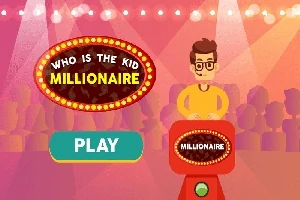 Fiatal ember áll egy pódium mögött, televíziós vetélkedő stílusú környezetben, míg a háttérben közönség sziluettjei láthatóak, a feliratokkal Who is the Kid Millionaire és Play