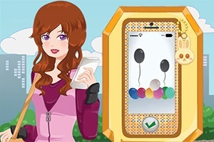 Női karakter rózsaszín ruhában mobiltelefonnal a kezében egy rajzolt háttér előtt, mellette egy arany szegélyű, lufikat ábrázoló képernyő