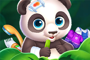 Aranyos panda sebkötéssel a fején egy zöldségdarabot tart, körülötte orvosi eszközök és ruhák levelek között