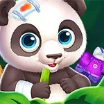 Aranyos panda sebkötéssel a fején egy zöldségdarabot tart, körülötte orvosi eszközök és ruhák levelek között