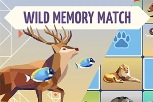 Alacsony poli stílusú grafika egy szarvasról és halakról, háttérben rácsos állat ikonokkal és egy WILD MEMORY MATCH felirattal