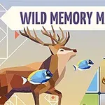 Alacsony poli stílusú grafika egy szarvasról és halakról, háttérben rácsos állat ikonokkal és egy WILD MEMORY MATCH felirattal