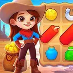 Fiatal női cowboy áll egy játékkártya mellett, amely különböző ikonokat, például patkót, dinamitrudakat és zsákokat ábrázol
