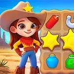 Fiatal lány cowboy kalapban áll egy tárgyakkal teli rácsos tábla előtt, többek között csillagok, patkók és dinamitrudak láthatók