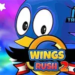 Kék madár karakter nagy szemekkel, színes háttérrel és Wings Rush 2 felirattal
