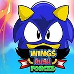 Egy kék, tüskés fejű karakter látható színes háttérrel és a Wings Rush Forces felirattal alatta