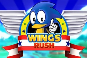 Kék rajzfilmfigura egy kifeszített szárnyakkal ellátott háttér előtt, Wings Rush felirattal, piros és fehér szalaggal díszítve