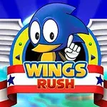 Kék rajzfilmfigura egy kifeszített szárnyakkal ellátott háttér előtt, Wings Rush felirattal, piros és fehér szalaggal díszítve