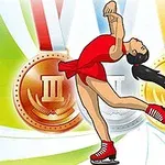 Egy jégtáncos piros ruhában és korcsolyában pózol három érem előtt, háttérben arany, ezüst és bronz medálokkal