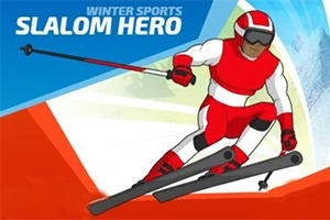Egy piros-fehér ruhás síelő ember, aki slalomozik havas háttér előtt
