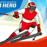 Egy piros-fehér ruhás síelő ember, aki slalomozik havas háttér előtt