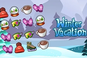 Téli tájat ábrázoló kép, amelyen sífelszerelések, forró italok, korcsolya és sapka látható a Winter Vacation felirat mellett