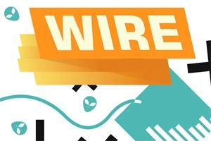 Narancssárga téglalap WIRE felirattal, alatta különböző geometriai mintázatok kék és fekete színekben