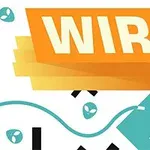 Narancssárga téglalap WIRE felirattal, alatta különböző geometriai mintázatok kék és fekete színekben
