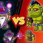 Egy rajzolt, varázsló kalapot viselő karakter és egy zöld, izmos ogre szembenáll egymással egy VS felirattal a középpontban