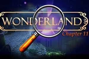 Nagyítóval ellátott Wonderland Chapter 11 cím és háttérben egy sötét, misztikus táj