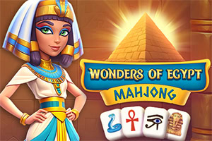 Egy egyiptomi ruhába öltözött nő, háttérben egy piramis, az előtérben pedig mahjong kövek egyiptomi szimbólumokkal