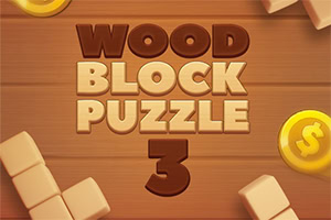 Fa mintázatú háttér, amelyen nagy, különböző színű betűkkel a WOOD BLOCK PUZZLE 3 szöveg olvasható, mellette sárga érmék és fa blokkok