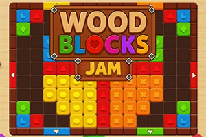 Színes fa kockákból álló kirakós rács és a közepén „WOOD BLOCKS JAM felirat egy fa keretben