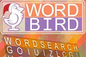 Egy stilizált madár sapkával és a WORD BIRD felirat látható színes háttérrel és keresztrejtvény betűkkel az előtérben