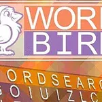 Egy stilizált madár sapkával és a WORD BIRD felirat látható színes háttérrel és keresztrejtvény betűkkel az előtérben