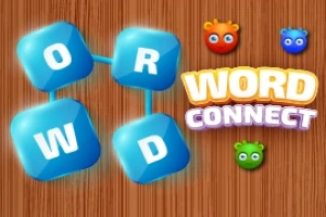 Kék betűkockák összekapcsolva barna háttér előtt, három színes figura és Word Connect felirat