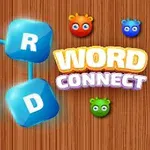 Kék betűkockák összekapcsolva barna háttér előtt, három színes figura és Word Connect felirat