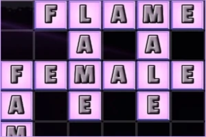 Lila háttérrel ellátott táblán nagy, félkövér betűkkel kiírt szavak: FLAME, FEMALE