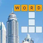 Épületek hátterében keresztrejtvény jellegű struktúra látható, amelyben a WORD szó betűi vannak elhelyezve