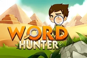 Egy rajzolt fiú nagyítóval, háttérben piramisok és zöld növények, valamint a WORD HUNTER felirat