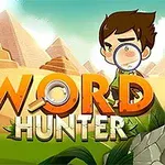 Egy rajzolt fiú nagyítóval, háttérben piramisok és zöld növények, valamint a WORD HUNTER felirat