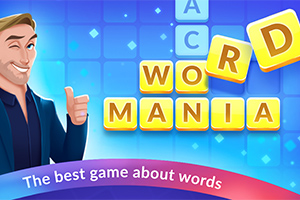 Egy mosolygó figura hüvelykujját felmutatja, mellette pedig WORD MANIA felirat sárga kockákon kék háttéren