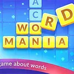 Egy mosolygó figura hüvelykujját felmutatja, mellette pedig WORD MANIA felirat sárga kockákon kék háttéren
