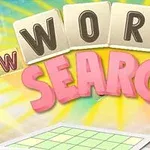 Nagy színes betűkkel kiírt Word Search szöveg napfényes háttér előtt, alul egy táblázattal