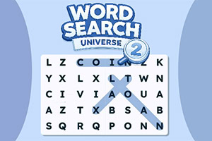 „Word Search Universe 2 feliratú logó egy betűrács fölött, kék nagyítóval és világoskék háttérrel