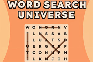 Narancssárga háttéren „WORD SEARCH UNIVERSE felirat és egy betűrács összekötött szavakkal