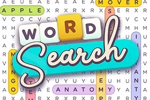 Színes betűkkel körülvett word search felirat keresztrejtvény háttérrel