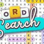 Színes betűkkel körülvett word search felirat keresztrejtvény háttérrel