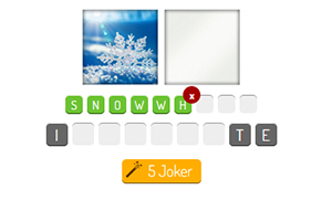 Hópehely képe szöveges kirakóssal alján, amelyen a SNOWWHITE szó részben ki van írva
