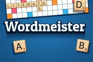 Kék háttéren fakeretes betűcsempék és egy részleges szókereső tábla, alul a Wordmeister felirat