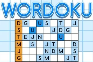 Kék betűkkel WORDOKU felirat és egy rács, amely narancssárga és kék háttérszínű betűket tartalmaz