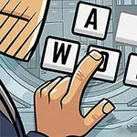 Egy kéz érint egy betűkockát, amelyeken az A és WORD szavak láthatóak