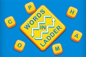 Sárga négyzet alakú tábla kék háttérrel, rajta a Words in Ladder felirat, körülötte szórt betűkockák