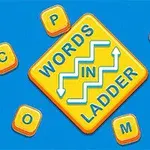 Sárga négyzet alakú tábla kék háttérrel, rajta a Words in Ladder felirat, körülötte szórt betűkockák