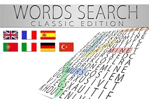 Szókereső négyzetháló különböző zászlókkal és „WORDS SEARCH CLASSIC EDITION” felirattal