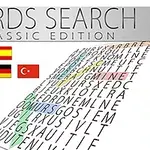 Szókereső négyzetháló különböző zászlókkal és „WORDS SEARCH CLASSIC EDITION” felirattal