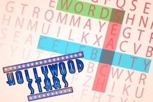 Szókereső kirakás, ahol a WORDS, CELEBRITY, és SEA szavak kiemelve vannak, alul pedig egy HOLLYWOOD STARS felirat látható